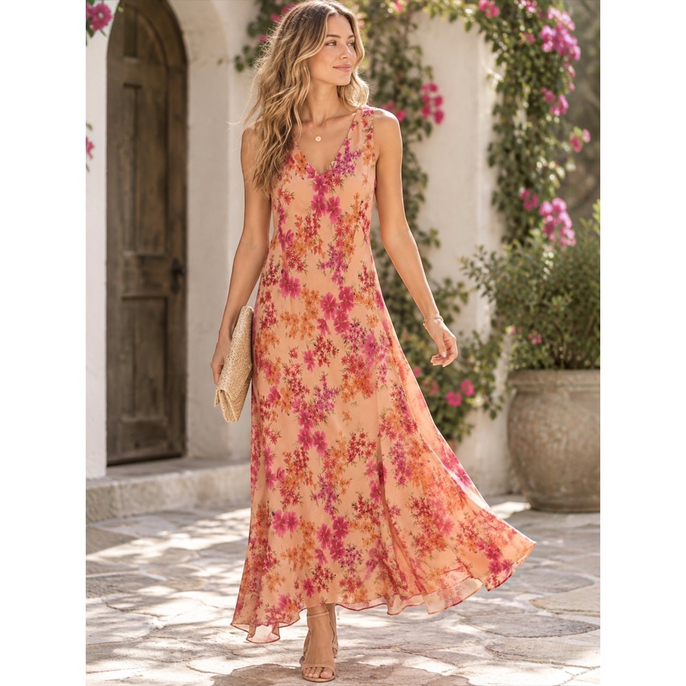 Vintage Silk Floral Feminine Maxi Dress Pink Peach Sleeveless Size 6 Ethereal